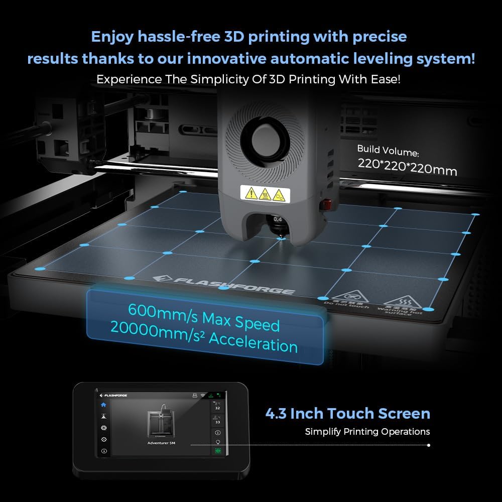 FLASHFORGE Adventurer 5M 3D Printer Offers a Max Print Speed of 600 mm/s, Automatic Levelling, FDM 3D Printer Core XY Structure, Quick Removable 280°C Nozzle, Print Size 220 x 220 x 220 mm – Bild 3