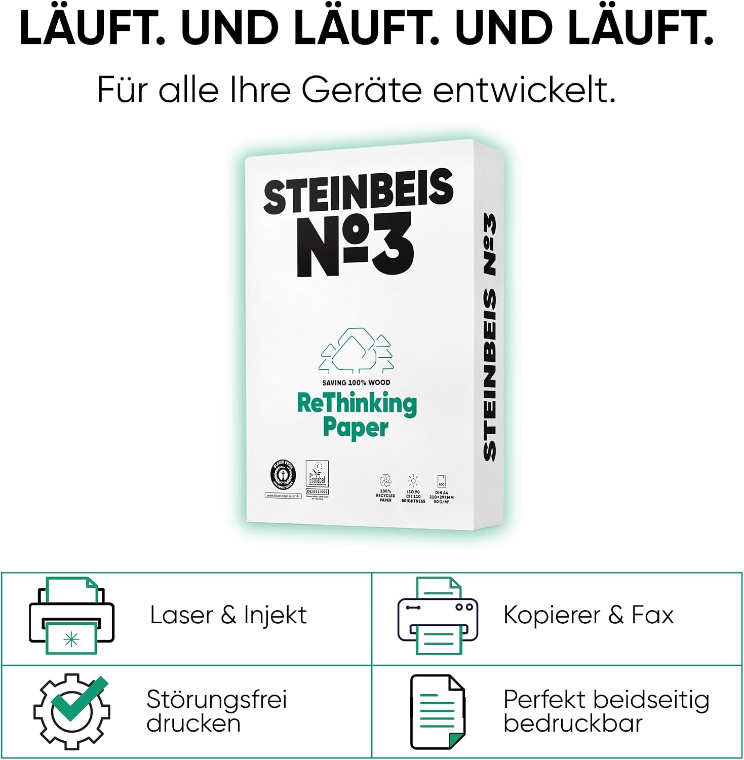 Steinbeis No.3 Printer Paper - 2500 (5 x 500) Sheets DIN A4 Recycled Paper 80gsm White & Chlorine Free High Quality Copier Paper ISO 90 / CIE 110 – Bild 4
