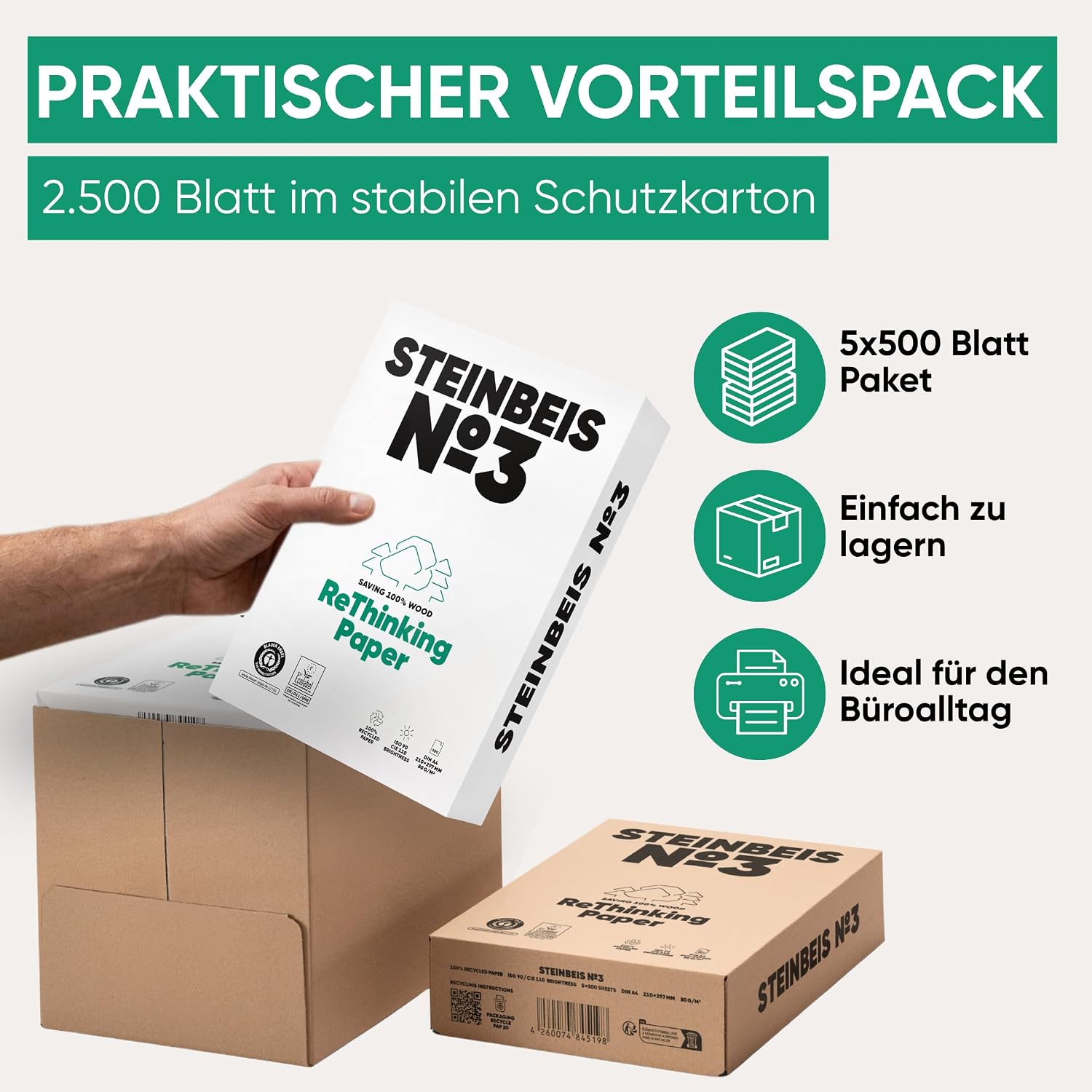 Steinbeis No.3 Printer Paper - 2500 (5 x 500) Sheets DIN A4 Recycled Paper 80gsm White & Chlorine Free High Quality Copier Paper ISO 90 / CIE 110 – Bild 5