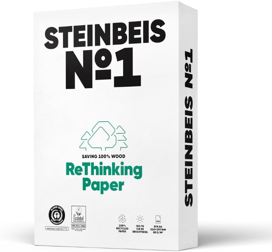Steinbeis No. 1 Printer Paper - 2500 (5 x 500) Sheets DIN A4 Recycled Paper 80gsm White & Chlorine-Free High Quality Copier Paper ISO 70/CIE 55 – Bild 4
