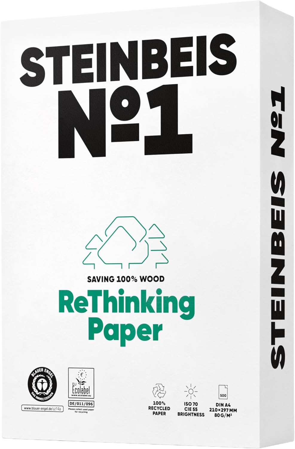 Steinbeis No. 1 Printer Paper - 2500 (5 x 500) Sheets DIN A4 Recycled Paper 80gsm White & Chlorine-Free High Quality Copier Paper ISO 70/CIE 55