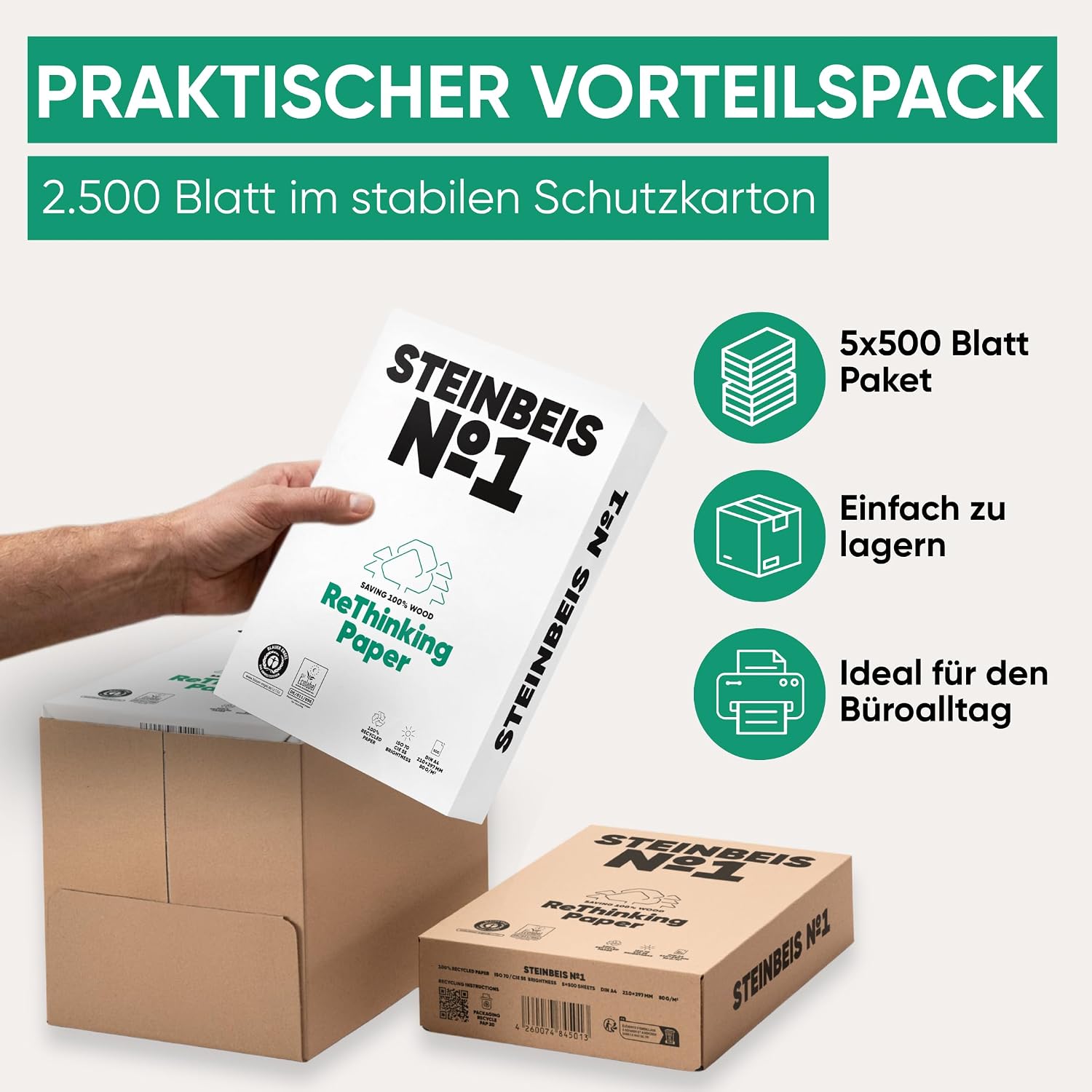 Steinbeis No. 1 Printer Paper - 2500 (5 x 500) Sheets DIN A4 Recycled Paper 80gsm White & Chlorine-Free High Quality Copier Paper ISO 70/CIE 55 – Bild 6