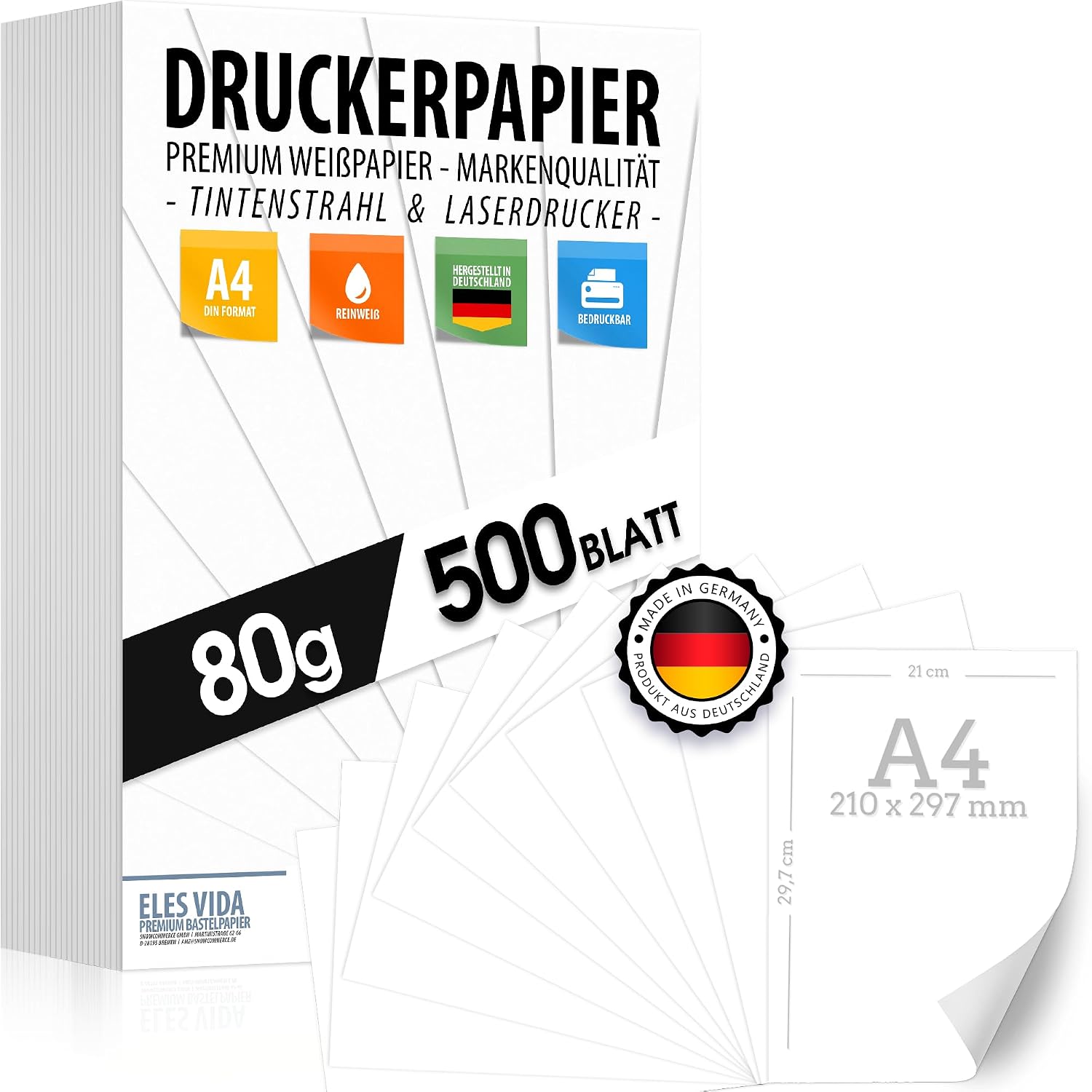 Printer Paper A4 80 g White - 500 Sheets - Premium Paper Pure White - DIN