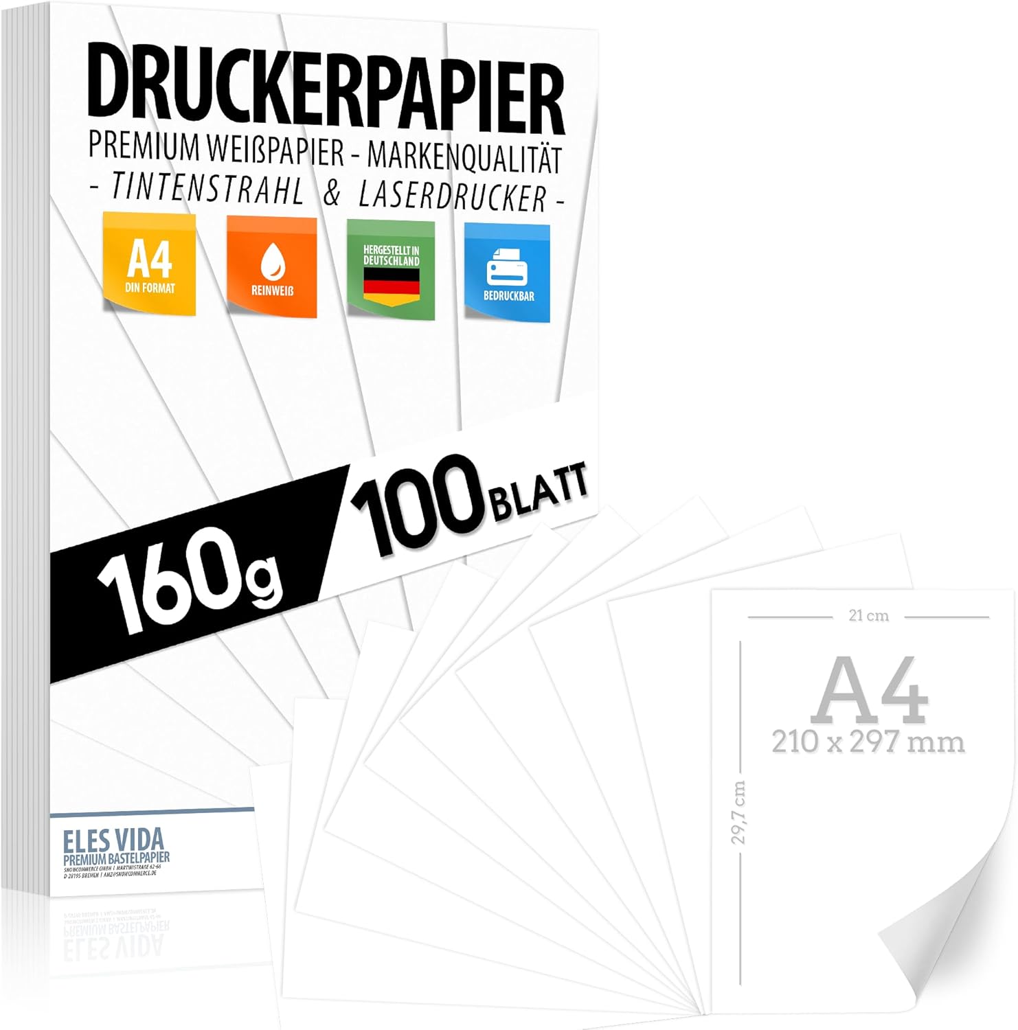 100 Sheets White Printer Paper 160 g/m² - Premium Paper Pure White DIN A4